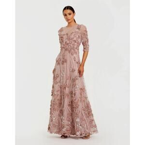 Mac Duggal 69016 Pink High Neck Embellished Lace Gown with 3/4 Sleeves Sz 12 NWD